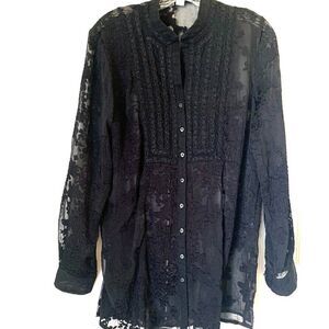 COLDWATER TUNIC Blk Sheer Embroidered Heavily Crafted Bib Front Tunic Top Sz M